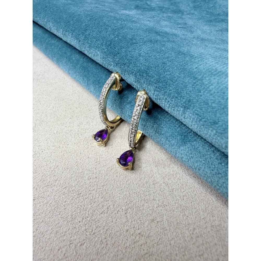925 Sterling Silver‎ Gold Plated Amethyst Color Pear Drop Hoop Earrings